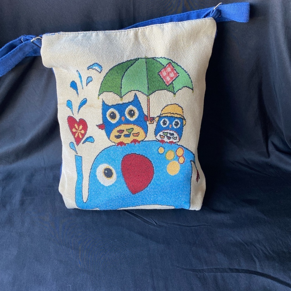 Novelty Owl Elephant Crossbody Bag Canvas Blue Cute Animal Print Purse - Picture 2 of 6